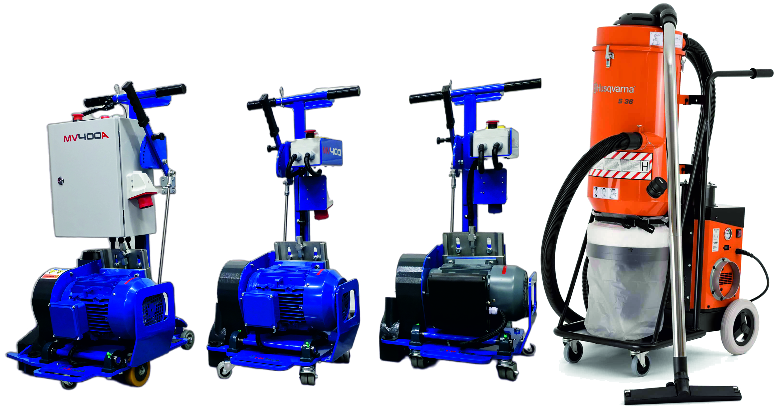 Cztery maszyny budowlane do frezowania rowków pod ogrzewanie podłogowe MV230, MV400, MV400A w kolorze niebieskim i odkurzacz przemysłowy marki Husqwarna w kolorze pomarańczowym i szarym, stojące obok siebie.
