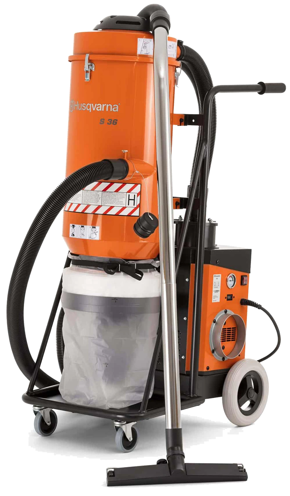 Pomarańczowo-czarny odkurzacz przemysłowy z dużymi kołami, długim wężem i przezroczystym workiem na kurz.