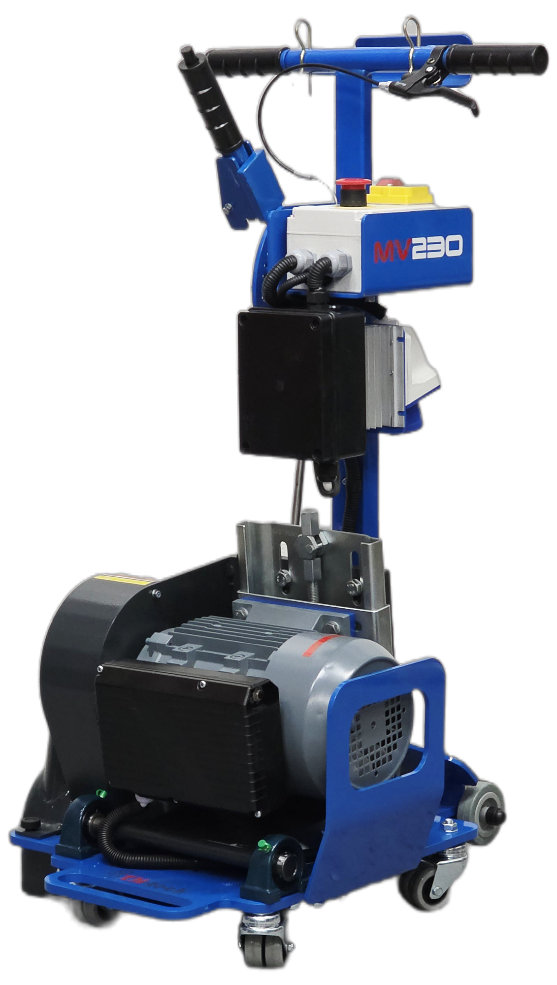 Frezarka do ogrzewania podłogowego MV230 na białym tle. Widoczny silnik elektryczny 230V, panel sterowniczy z wyłącznikiem bezpieczeństwa, rączki typu rowerowego z dźwigniami napędu jazdy oraz precyzyjne kółka skrętne.