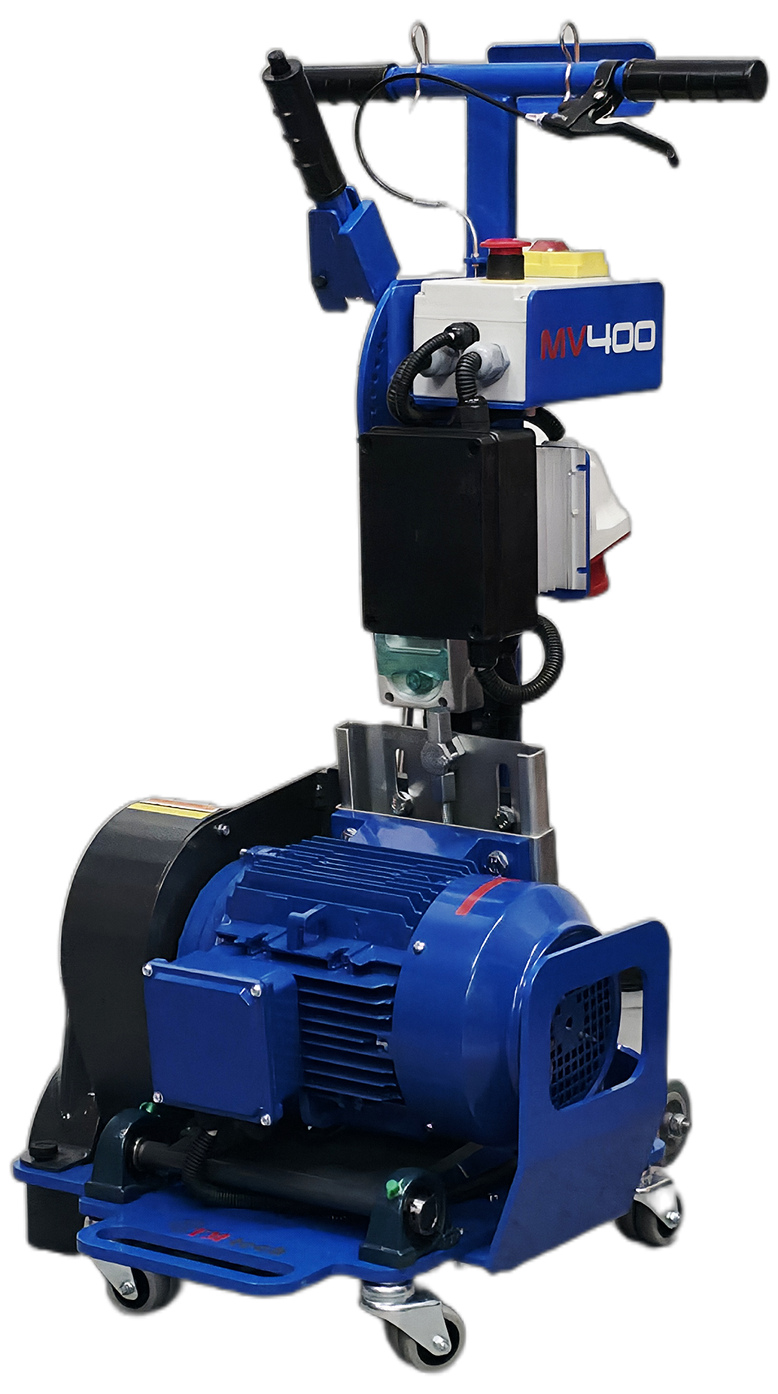 Frezarka do ogrzewania podłogowego MV400 na białym tle. Widoczny mocny, niebieski silnik elektryczny 400V, panel sterowniczy z wyłącznikiem bezpieczeństwa, rączki typu rowerowego z dźwigniami napędu jazdy oraz kółka skrętne.